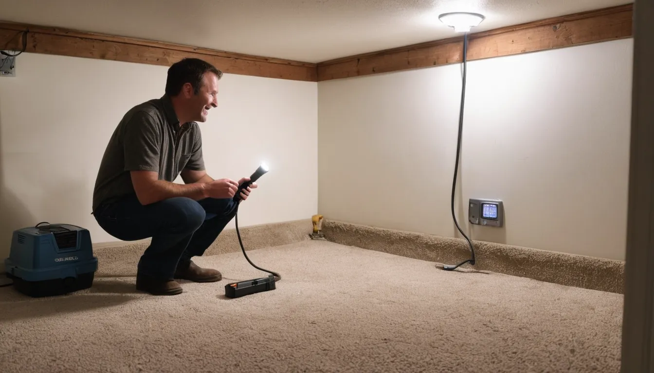 Provider inspecting a basement near a sump pump in a the Wildwood area home